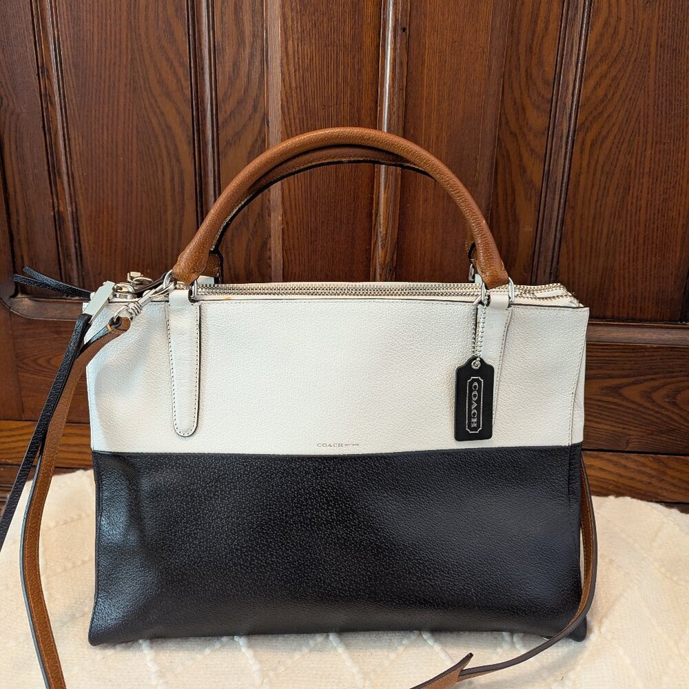 Coach Burough White & Navy Blue Color-Block Leather Rolled Handles Satchel Bag
